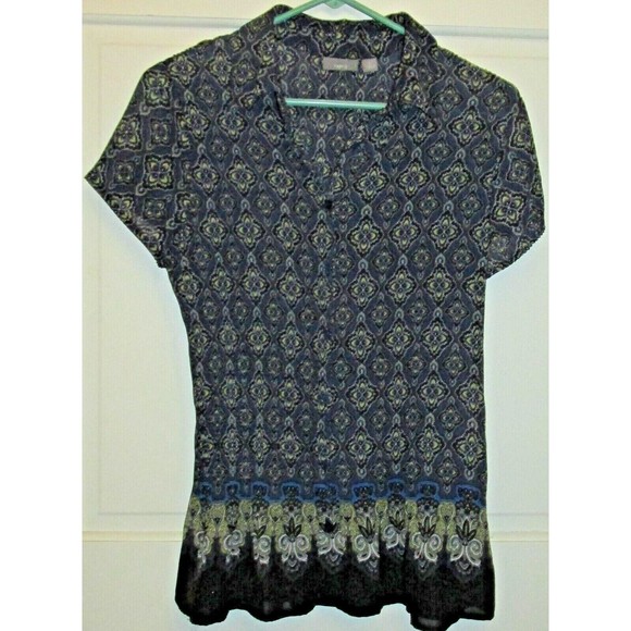 Apt 9 Women's Blue Geometric Print Pleated Semi Sheer Short Sleeve Blouse Size L - Picture 1 of 7
